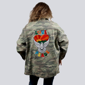 
                
                    Load image into Gallery viewer, Love Peace Camo Jacket | You &amp;amp; Eye
                
            